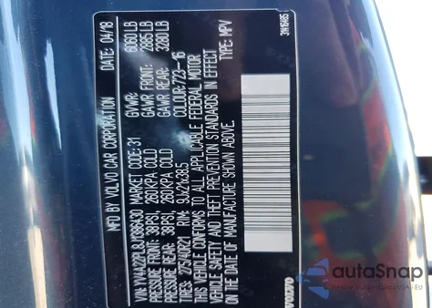 2018 Volvo Xc90 T6 z USA, uszkodzony, nr VIN YV4A22PL8J1386430